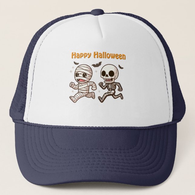 Running Mummy & Skeleton – Cute Halloween Duo Trucker Hat (Front)