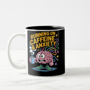 Running on Caffeine and Anxiety Cartoon Brain Two-Tone Coffee Mug