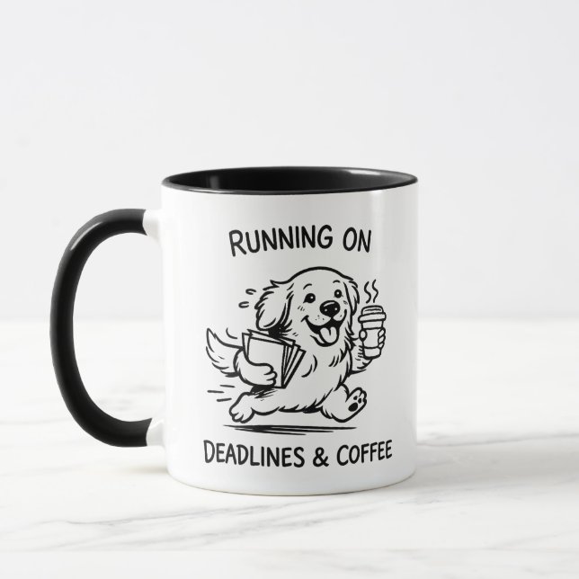 Running on Deadlines and Coffee Funny Dog Lover Mug (Left)