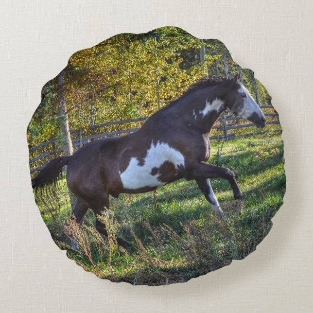 Running Pinto Paint Stallion on a Horse Ranch Round Cushion (Back)