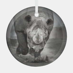 Running Rhinoceros: Wild Animal Portrait. Glass Tree Decoration