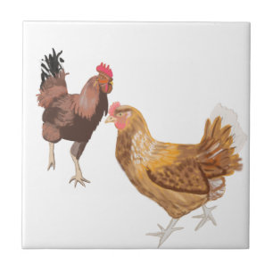 Running Rooster and Brown Hen Ceramic Tile