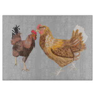 Running rooster and brown hen cutting board