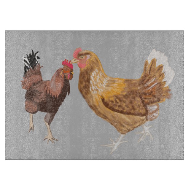 Running rooster and brown hen  cutting board (Front)