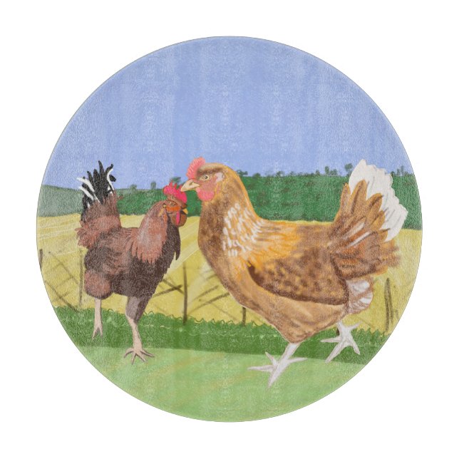 Running rooster and brown hen in the countryside cutting board (Front)