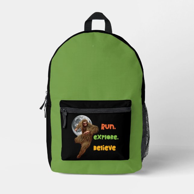 Running Sasquatch Adventure Believe Design Printed Backpack (Front)