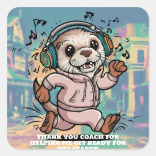 Running sea otter wearhing sweatsuit & earbuds square sticker