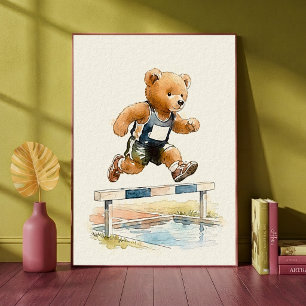 Running Teddy Bear Hurdler Animal Sports Nursery Poster