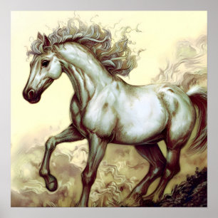 Running white horse poster