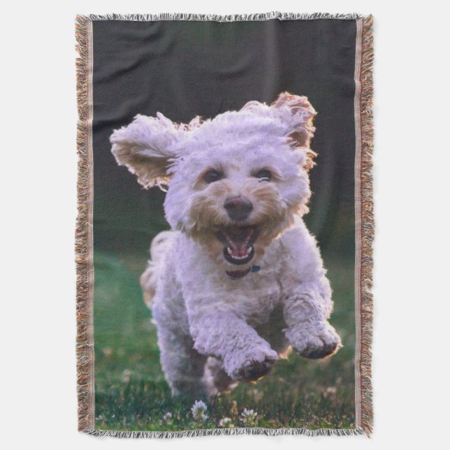 Running White Poodle Cute Dog Throw Blanket (Front Vertical)