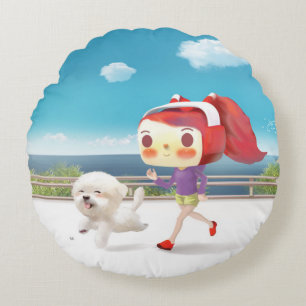 Running with Dog by the Sea Round Cushion