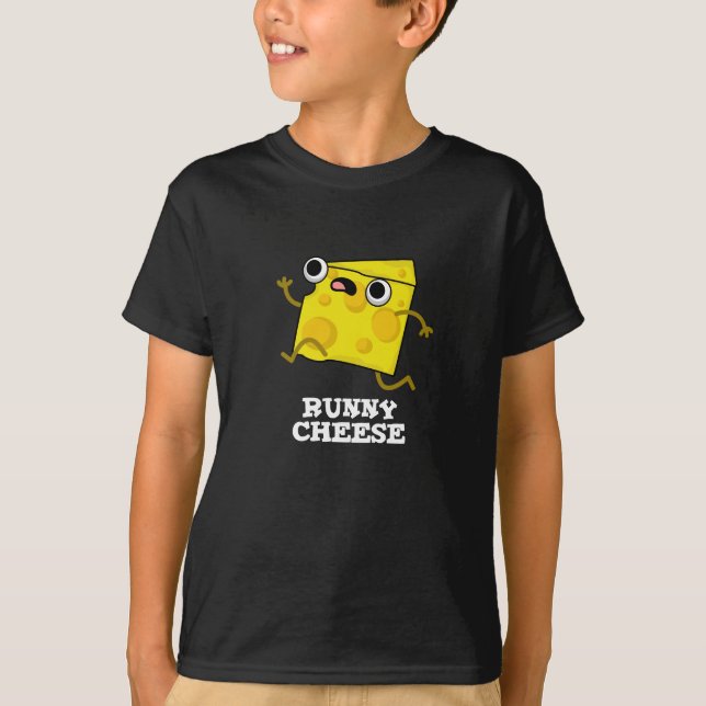 Runny Cheese Funny Food Pun Dark BG T-Shirt (Front)