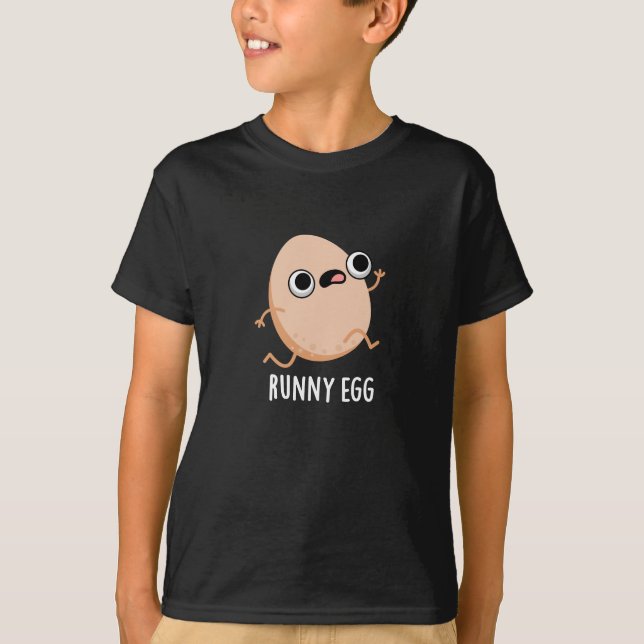 Runny Egg Funny Running Egg Pun Dark BG T-Shirt (Front)