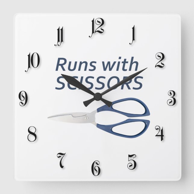Runs with scissors square wall clock (Front)