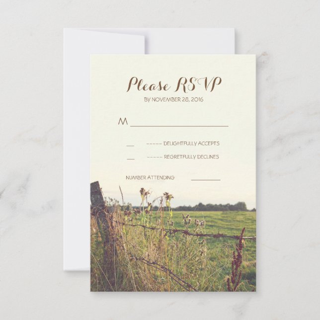 Rural barbed wire fence wedding RSVP cards (Front)