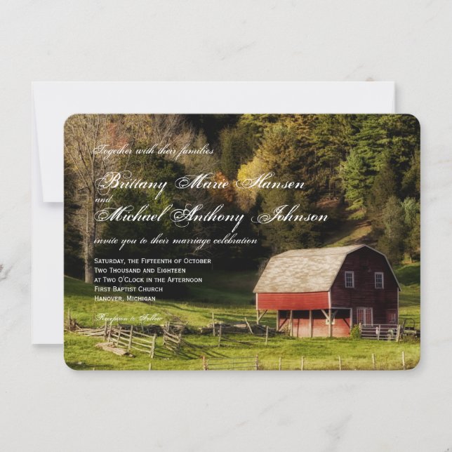 Rural Country Barn Trees Rustic Wedding Invitation (Front)