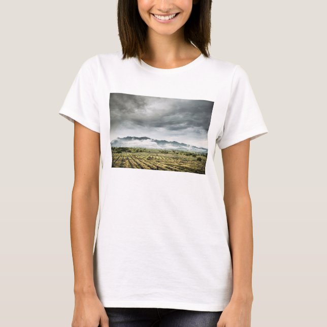 Rural Crop Fields Under Cloudy Sky T-Shirt (Front)