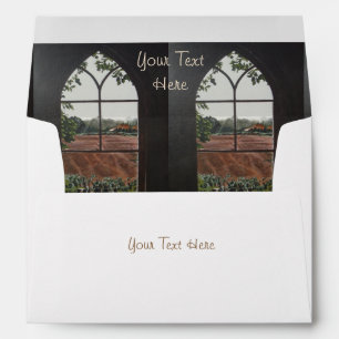 rural landscape view from church window envelope