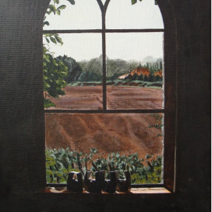 Rural landscape view from church window painting Two-Tone coffee mug