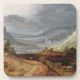 Rural Landscape with a Farmer Bridling Horses, a P Coaster