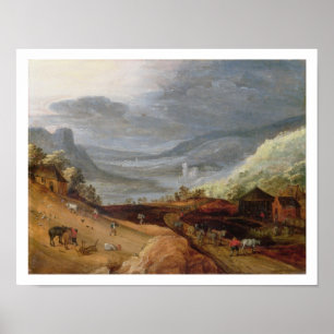Rural Landscape with a Farmer Bridling Horses, a P Poster