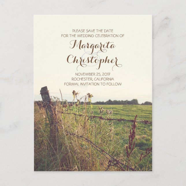 rural pasture fence rustic save the date postcards (Front)