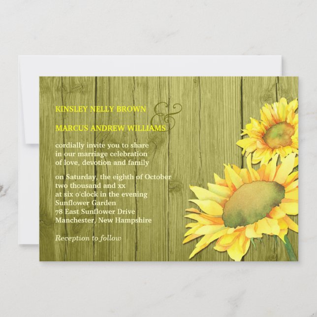 Rural Sunflowers Olive Green Wedding Invitation (Front)