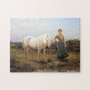Rural Woman Taking a White Horse to Water Jigsaw Puzzle