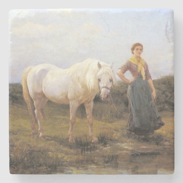 Rural Woman Taking a White Horse to Water Stone Coaster (Front)