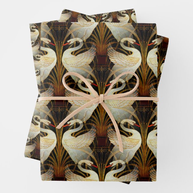 Rush Iris Crane Birds Gold Ivory Set Wrapping Paper Sheet (In situ)