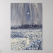 Rushing Creek Under Moon Watercolor Print