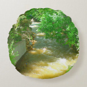 Rushing River under the Trees Round Cushion