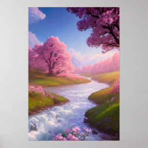 Rushing Waters and Blossoming Fields Poster