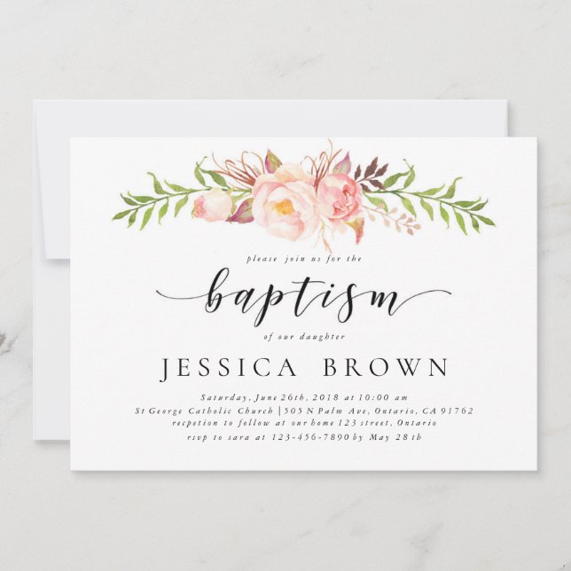 Rusic Floral, Watercolor Peony Baptism Invitation (Front)