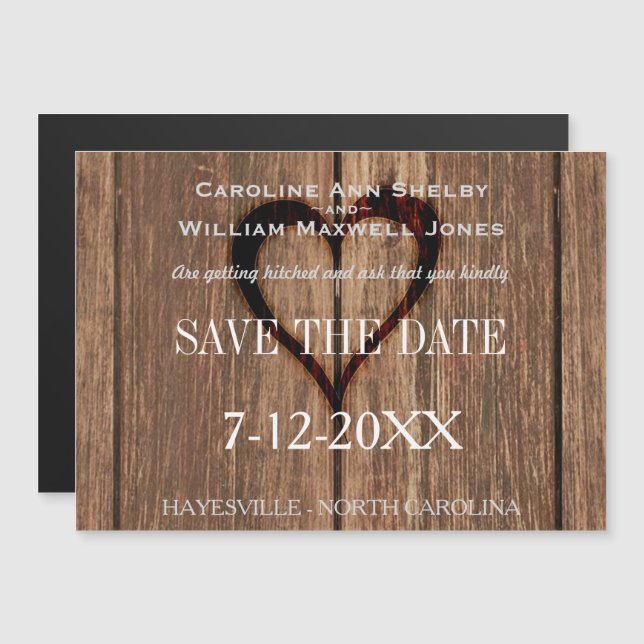 Rusic Wood and Engraved Heart Save the Date Magnetic Invitation (Front/Back)