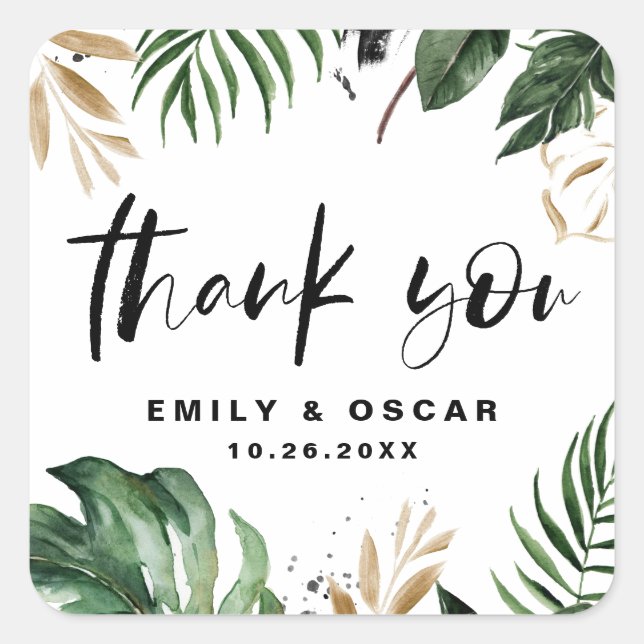 Rusitc Gold Foil Tropical Leaves Wedding Thank You Square Sticker (Front)