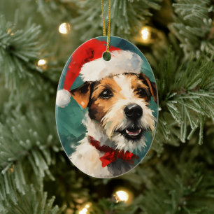 Russel Terrier Christmas brush painting artwork Ceramic Ornament