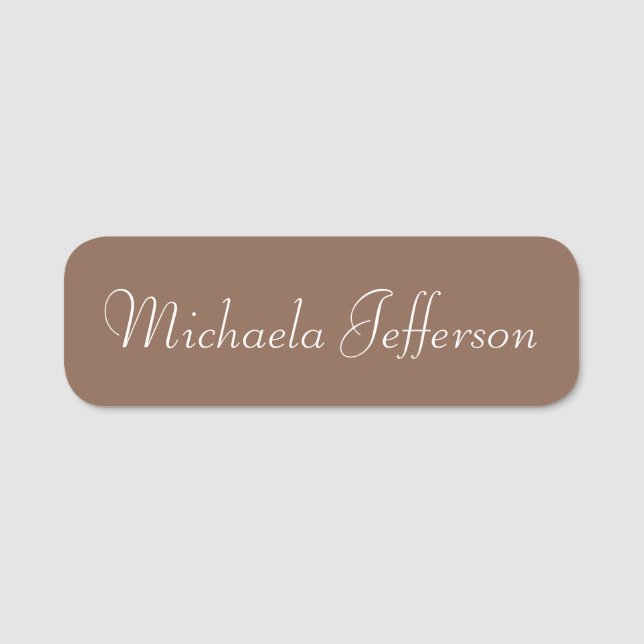 Russet Brown Solid Colour Background: Handwritten Name Tag (Front)
