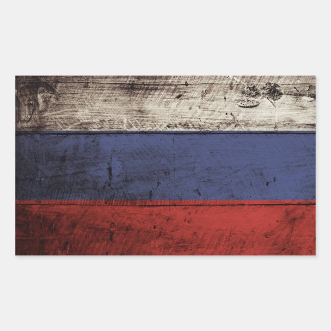 Russia Flag on Old Wood Grain Rectangular Sticker (Front)