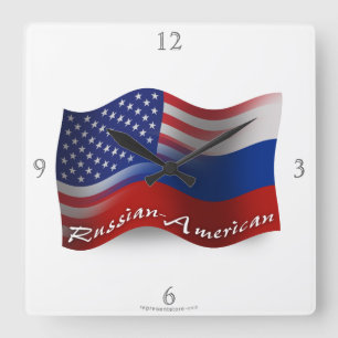 Russian-American Waving Flags Square Wall Clock