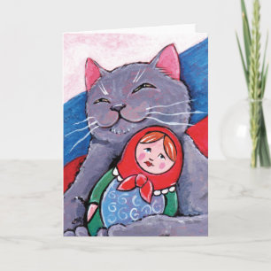 Russian Blue and Babushka Doll   Patriotic Cat Art Card