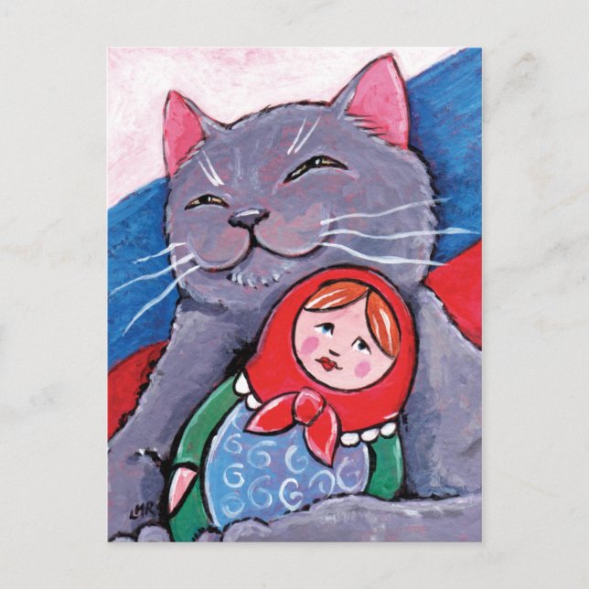 Russian Blue and Babushka Doll | Patriotic Cat Art Postcard (Front)