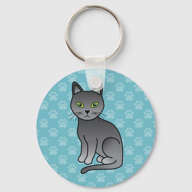 Russian Blue Breed Cartoon Cat Design Key Ring (Front)