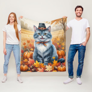 Russian Blue Cat Autumn Leaves Thanksgiving Art Fleece Blanket