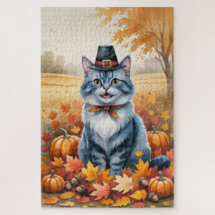Russian Blue Cat Autumn Leaves Thanksgiving Art Jigsaw Puzzle