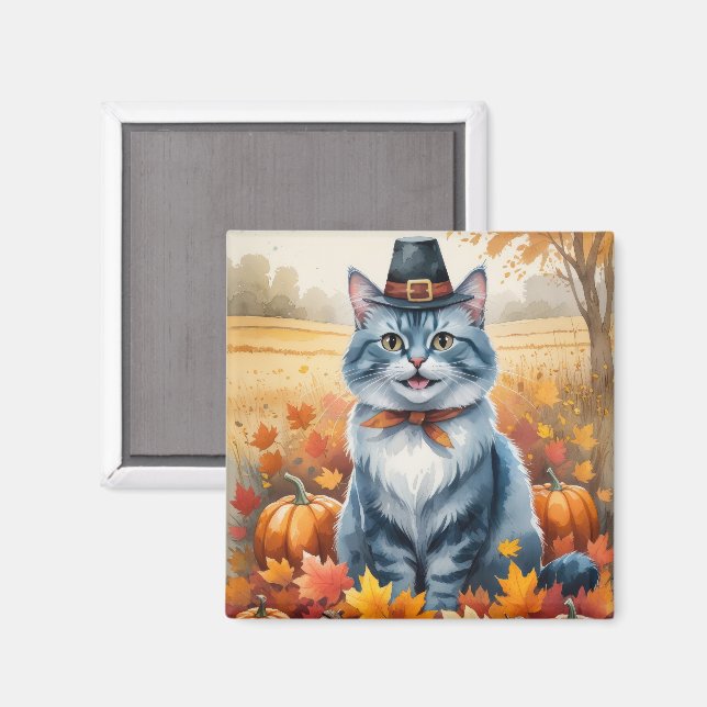 Russian Blue Cat  Autumn Leaves Thanksgiving Art Magnet (Front/Back)