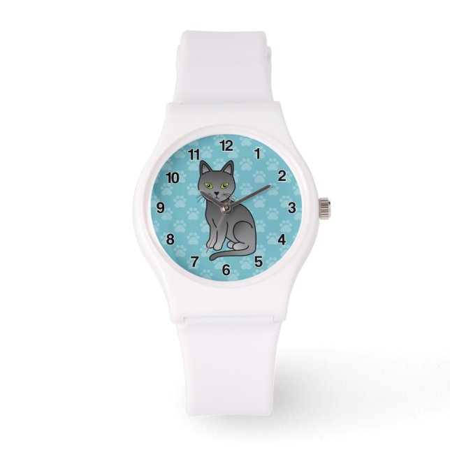 Russian Blue Cat Cartoon Drawing Watch (Front)