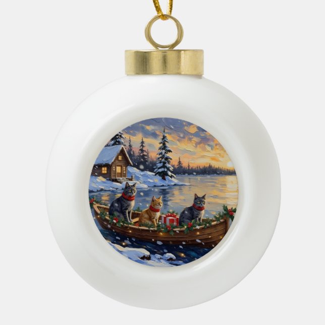 Russian Blue Cat Christmas Boat Holiday Ceramic Ball Christmas Ornament (Front)