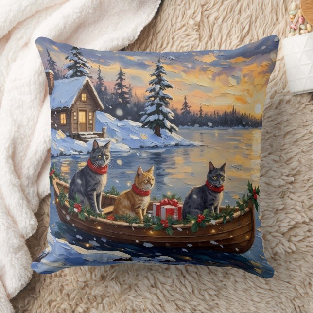 Russian Blue Cat Christmas Boat Holiday Cushion (Blanket)