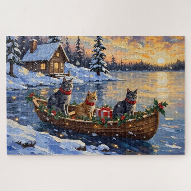 Russian Blue Cat Christmas Boat Holiday Jigsaw Puzzle (Horizontal)